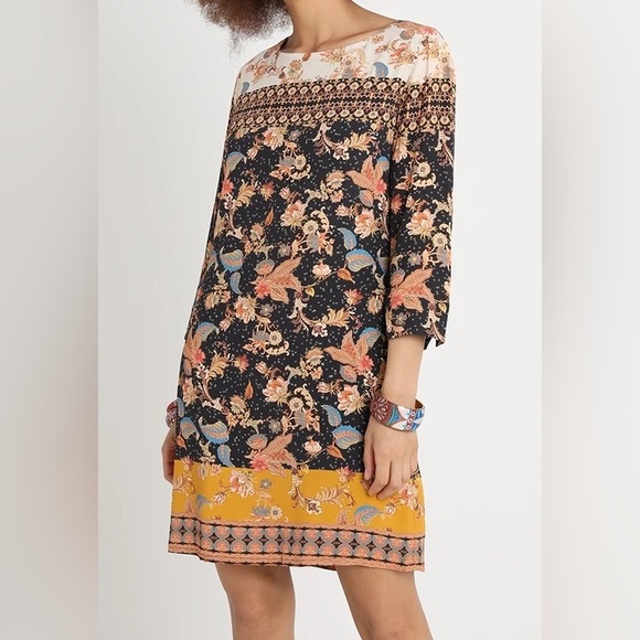 Desigual Dresses & Skirts - Desigual Floral Print Shift Dress in Black and Mustard Sz S